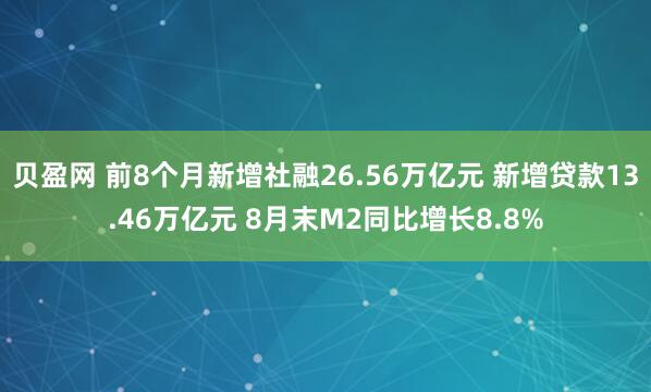 贝盈网 前8个月新增社融26.56万亿元 新增贷款13.46万亿元 8月末M2同比增长8.8%